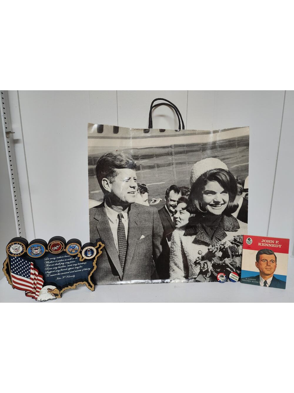 Vintage JFK Sixth Floor Museum Bag & Tribute Set w/ Plaque, Book & Buttons